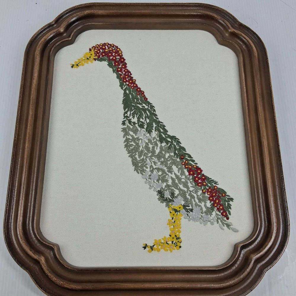 Floral Goose Embroidered Wall Art 12x14 Scalloped Wood Frame NWT Place & Time